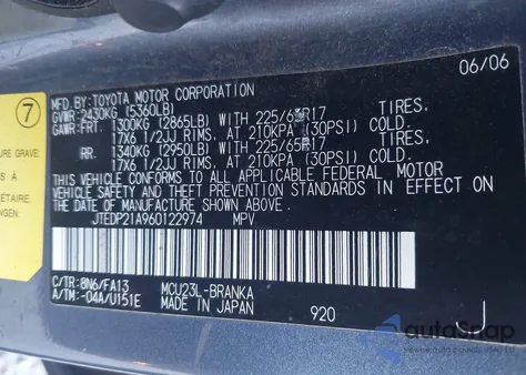 2006 Toyota Highlander Limited from USA, damaged, VIN JTEDP21A960122974